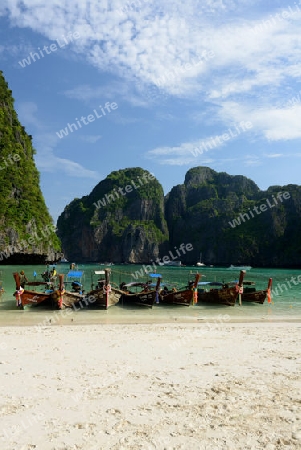 a Boat on the way to Maya Beach  near the Ko Phi Phi Island outside of the City of Krabi on the Andaman Sea in the south of Thailand. 