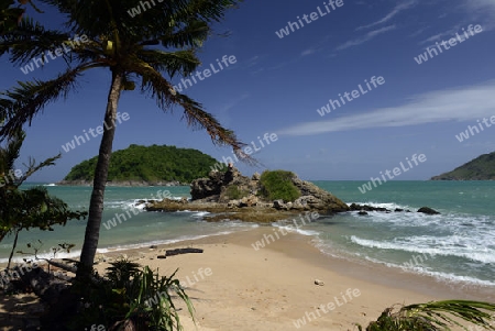 Ein Strand in Hat Nai Harn im sueden der Insel Phuket im sueden von Thailand in Suedostasien.