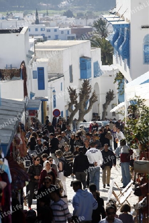 Eine Gasse in der Altstadt von Sidi Bou Said noerdlich von Tunis im Norden von Tunesien in Nordafrika am Mittelmeer. 