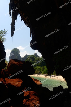 The Hat Phra Nang Beach at Railay near Ao Nang outside of the City of Krabi on the Andaman Sea in the south of Thailand. 