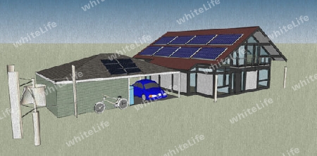 New, modern, sustainable Architecture with solar and wind energy, e-car and e-bike