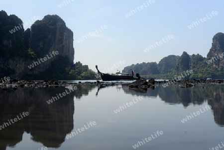 The Hat Tom Sai Beach at Railay near Ao Nang outside of the City of Krabi on the Andaman Sea in the south of Thailand. 