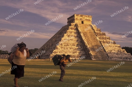 Die Pyramide der Maya Ruine von Chichen Itza im Staat Yucatan auf der Halbinsel Yuctan im sueden von Mexiko in Mittelamerika.   