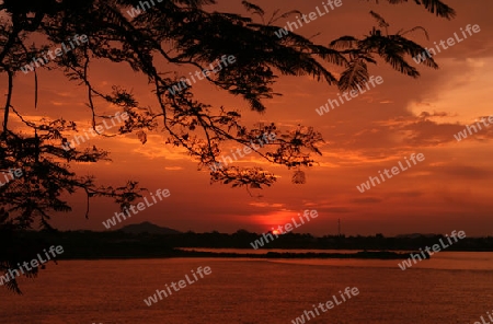 Sonnenuntergang am Grenzfluss Mekong River in Stadt Savannahet in zentral Laos an der Grenze zu Thailand in Suedostasien.