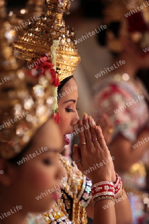 Ein Traditioneller Tanz im Erewan Schrein in der Th Phra Ram 1 Road beim Siam Square in Bangkok der Hauptstadt von Thailand in Suedostasien. 