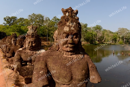 The Bridge at the Angkor Tom Gate in the Temple City of Angkor near the City of Siem Riep in the west of Cambodia.