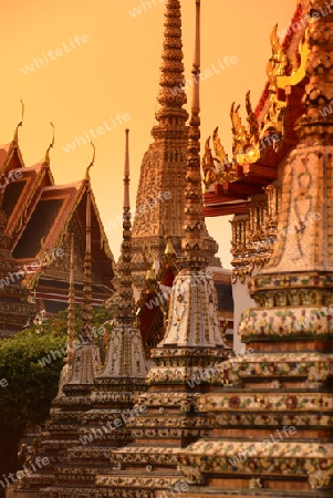 Die Tempelanlage des Wat Pho in der Hauptstadt Bangkok von Thailand in Suedostasien.