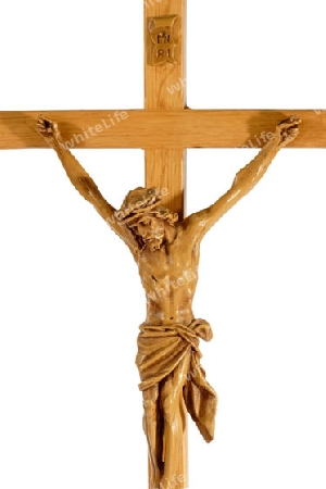 Jesus am Kreuz freigestellt auf weissem Hintergrund