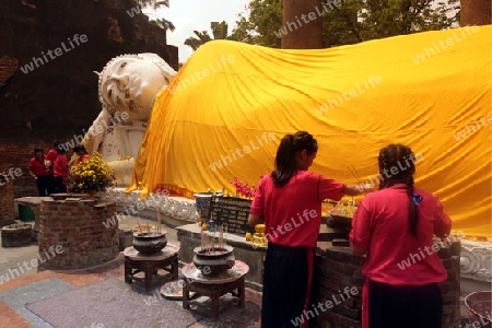 Der Wat Yai Chai Tempel in der Tempelstadt Ayutthaya noerdlich von Bangkok in Thailand