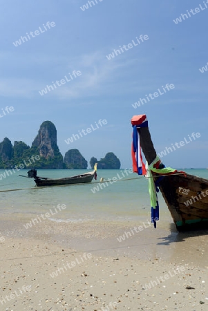 The Hat Tom Sai Beach at Railay near Ao Nang outside of the City of Krabi on the Andaman Sea in the south of Thailand. 