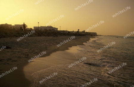 Ein Sandstrand auf der Insel Jierba im Sueden von Tunesien in Nordafrika.  