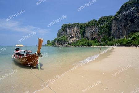 The Hat Tom Sai Beach at Railay near Ao Nang outside of the City of Krabi on the Andaman Sea in the south of Thailand. 