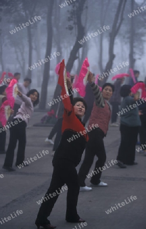 people making Tai Chi in the morning in the city of Chengdu in the provinz Sichuan in centrall China.