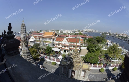 Die Tempelanlage des Wat Arun am Mae Nam Chao Phraya River in der Hauptstadt Bangkok von Thailand in Suedostasien.