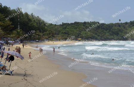 Ein Strand in Hat Kata Yai im sueden der Insel Phuket im sueden von Thailand in Suedostasien.