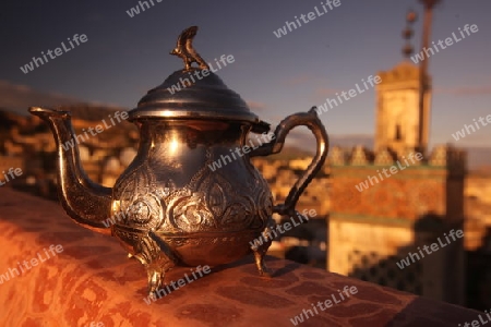 A Minttea in a teahouse in the old City in the historical Town of Fes in Morocco in north Africa.