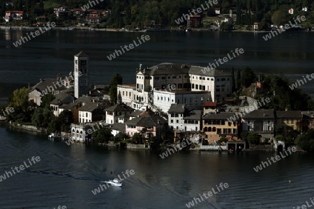 The Isla San Giulio in the Ortasee outside of the Fishingvillage of Orta on the Lake Orta in the Lombardia  in north Italy. 