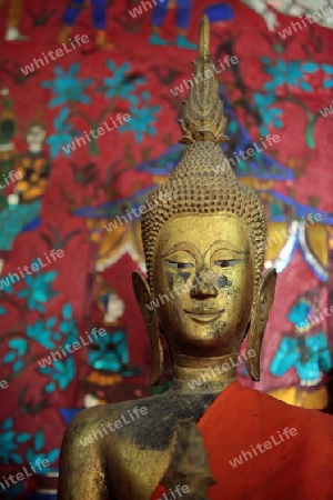Buddhafiguren in einem der Tempel Xieng Thong in der Altstadt von Luang Prabang in Zentrallaos von Laos in Suedostasien. 