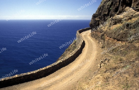 The coast near Ribeira Grande on the Island of Santo Antao in Cape Berde in the Atlantic Ocean in Africa.