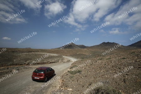 The Road in the Jandia Natural Parc on the south of the Island Fuerteventura on the Canary island of Spain in the Atlantic Ocean.