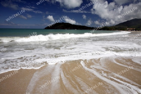 Suedamerika, Karibik, Venezuela, Isla Margarita, Pedro Gonzalez, Playa Pedro Gonzalez, Beach, Strand, Bucht, Fischerdorf, Fischerboot, Holzboot, Palmen, Ferien, Traumstrand, Idylle, Landschaft