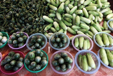 Gemuese auf dem Markt in der Provinzhauptstadt Amnat Charoen in der Provinz Amnat Charoen im Isan im Nordosten von Thailand. 