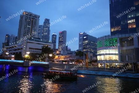 Asien, Suedost, Singapur, Insel, Staat, Stadt, City, Skyline, Zentrum, Boat Quay, Bankenviertel, Singapore River, River, Fluss, Kanal, Abend,  