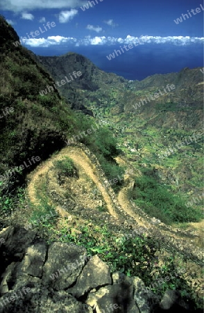 the landscape near the village Ponta do Sol near Ribeira Grande on the Island of Santo Antao in Cape Berde in the Atlantic Ocean in Africa.