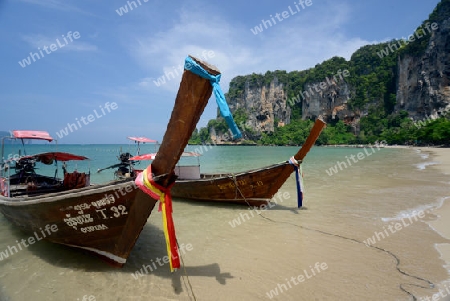 The Hat Tom Sai Beach at Railay near Ao Nang outside of the City of Krabi on the Andaman Sea in the south of Thailand. 