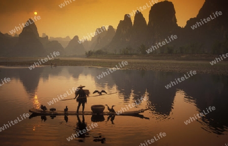 the landscape at the Li River near Yangshou near the city of  Guilin in the Province of Guangxi in china in east asia. 