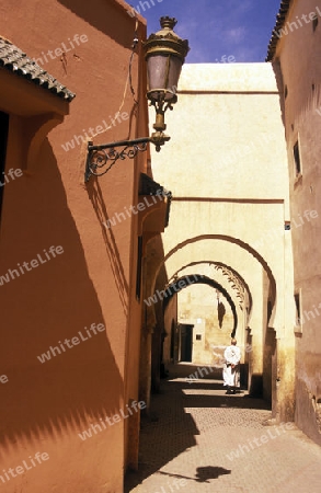 The Old Town near the Djemma del Fna Square in the old town of Marrakesh in Morocco in North Africa.
