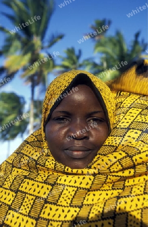 Eine Frau  im Dorf Bwejuu am Traumstrand  von Bwejuu an der Ost-Kueste auf der Insel Zanzibar welche zu Tansania gehoert.    