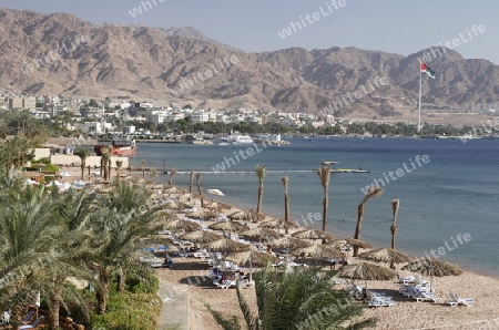 the coast with a Beach in the city of Aqaba on the red sea in Jordan in the middle east.