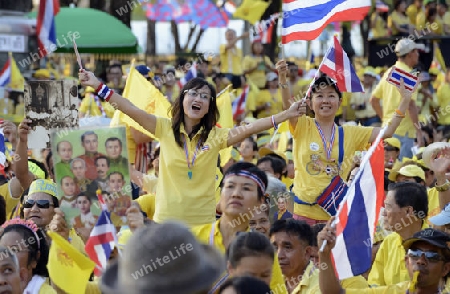 Tausende von Thailaender zelebrieren den Kroenungstag des Koenig Bhumibol auf dem Sanam Luang Park vor dem Wat Phra Kaew in der Stadt Bangkok in Thailand in Suedostasien.  