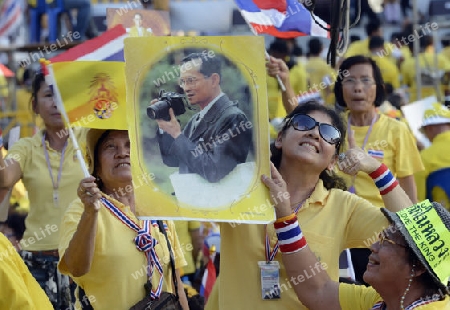 Tausende von Thailaender zelebrieren den Kroenungstag des Koenig Bhumibol auf dem Sanam Luang Park vor dem Wat Phra Kaew in der Stadt Bangkok in Thailand in Suedostasien.  