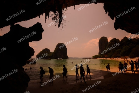 The Hat Phra Nang Beach at Railay near Ao Nang outside of the City of Krabi on the Andaman Sea in the south of Thailand. 