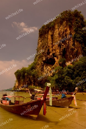 The Hat Tom Sai Beach at Railay near Ao Nang outside of the City of Krabi on the Andaman Sea in the south of Thailand. 