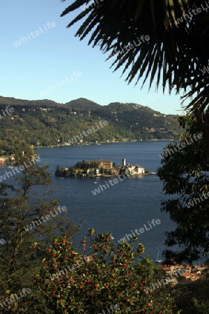 The Isla San Giulio in the Ortasee outside of the Fishingvillage of Orta on the Lake Orta in the Lombardia  in north Italy. 