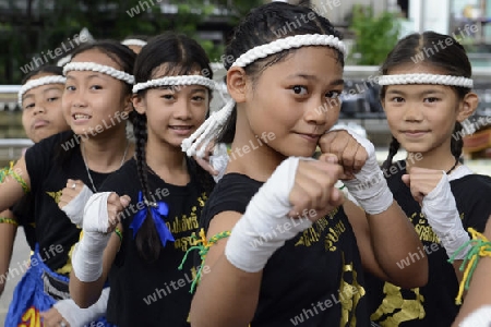 Kinder bei einer traditionellen Thai Box Show im Santichaiprakan Park am Mae Nam Chao Phraya in der Hauptstadt Bangkok von Thailand in Suedostasien.