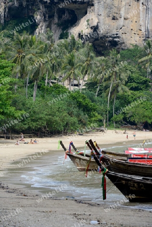 The Hat Tom Sai Beach at Railay near Ao Nang outside of the City of Krabi on the Andaman Sea in the south of Thailand. 