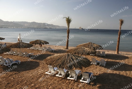 the coast with a Beach in the city of Aqaba on the red sea in Jordan in the middle east.