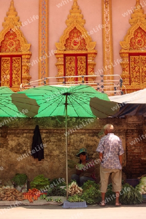 Der Markt vor dem Wat Mung Muang am Morgen in der Altstadt von Chiang Rai in der Provinz chiang Rai im Norden von Thailand in Suedostasien.