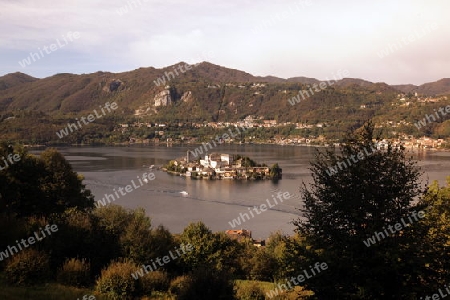 The Isla San Giulio in the Ortasee outside of the Fishingvillage of Orta on the Lake Orta in the Lombardia  in north Italy. 