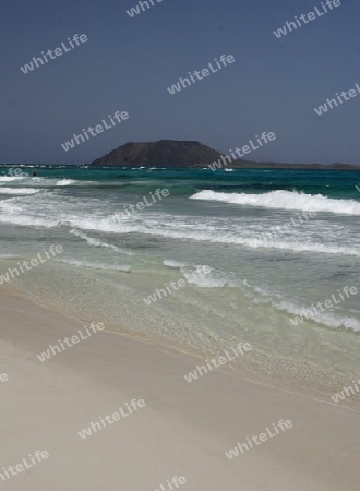 the Beach of  Corralejo on the Island Fuerteventura on the Canary island of Spain in the Atlantic Ocean.