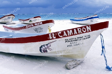 Der Strand mit Boot von Tulum am Karibischen Meer im Staat Quintana Roo auf der Halbinsel Yuctan im sueden von Mexiko in Mittelamerika.    