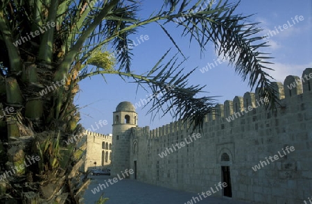 Die Grosse Moschee mit der Mauer in der Altstadt oder Medina von Sousse am Mittelmeer  in Tunesien in Nordafrika.    