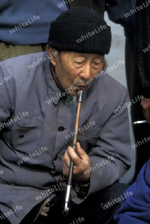 a chinese men smoking a traditional pipe in a parc in the city of Chengdu in the provinz Sichuan in centrall China.