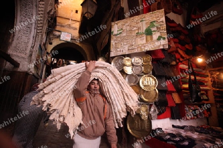 a smal Marketroad in the Medina of old City in the historical Town of Fes in Morocco in north Africa.