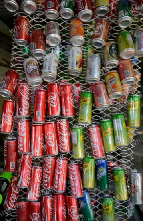 Decoration with cans in the Town of Ko PhiPhi on Ko Phi Phi Island outside of  the City of Krabi on the Andaman Sea in the south of Thailand. 