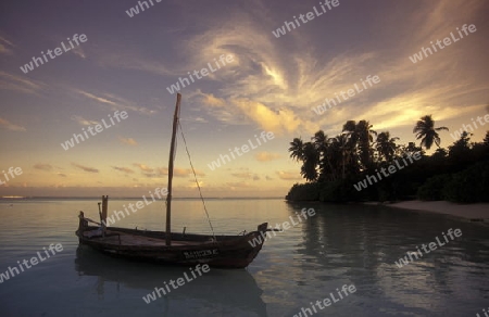 
Ein Holzboot am Strand der Insel Veligandu im Artsu Atoll auf den Inseln der Malediven im Indischen Ozean.